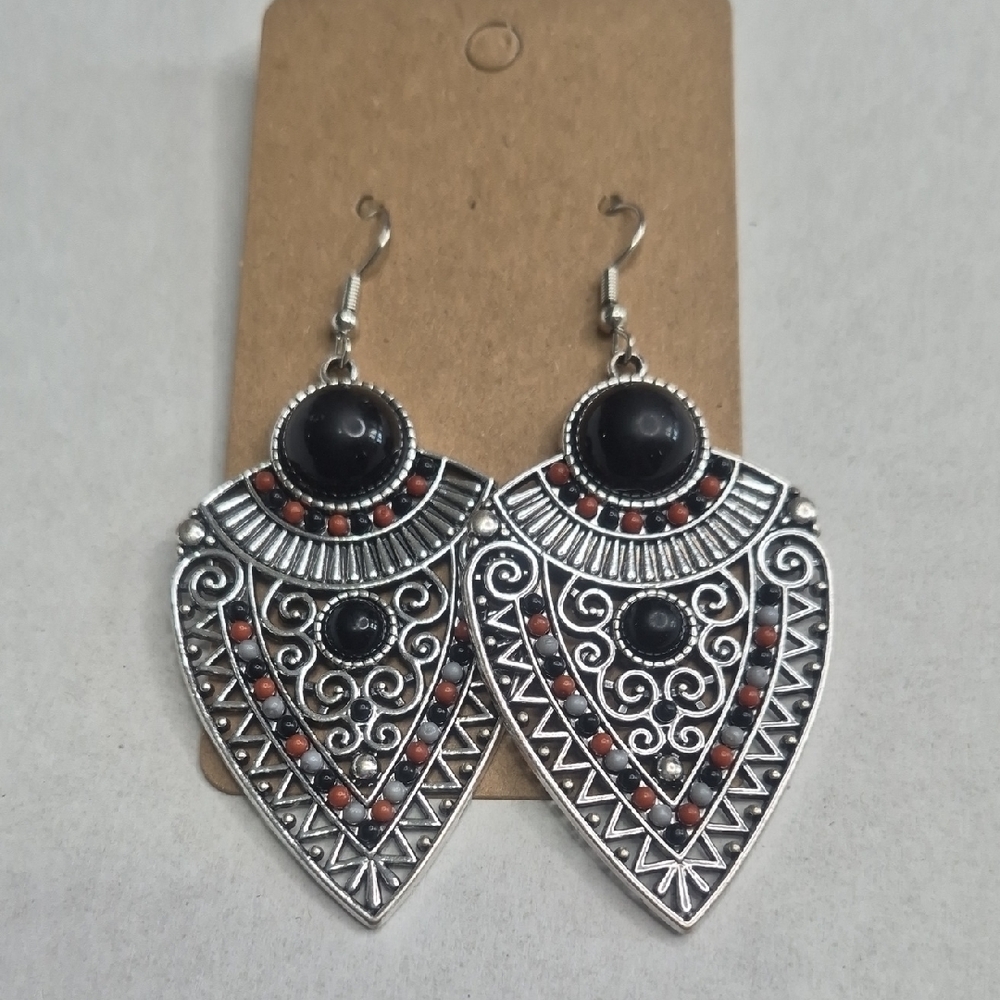 Silver-Tone Black and Coral Drop Earrings - Women Jewelry